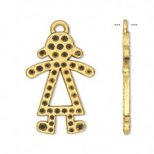 Charm, antiqued gold-finished &quot;pewter&quot; (zinc-based alloy), 29x19mm single-sided girl with (28) PP10, (7) PP15 and (6) PP18 settings. Sold per pkg of 10.