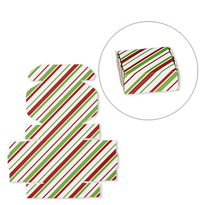 Box, paper, red / green / white, 3x3x1-inch unassembled square with stripe design. Sold per pkg of 10.