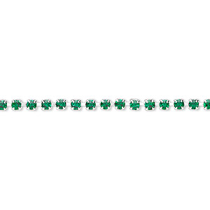 Cupchain, glass rhinestone and silver-plated brass, emerald green, 2mm round. Sold per pkg of 1 meter, approximately 320 cups.