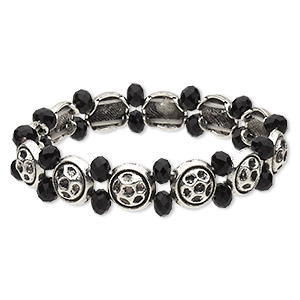 Bracelet, stretch, glass and antique silver-finished &quot;pewter&quot; (zinc-based alloy), black, 13.5mm wide with 6x4mm faceted rondelle and 11mm flat round, 6 inches. Sold individually.