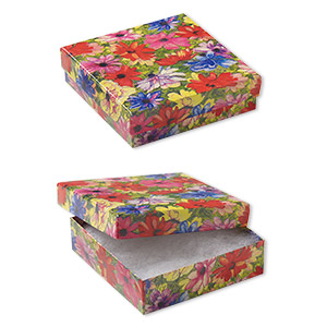 Box, paper, cotton-filled, multicolored, 3-1/2 x 3-1/2 x 1-inch square with floral design. Sold per pkg of 10.