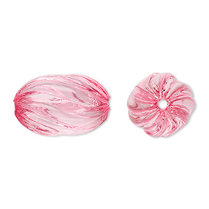 Bead, acrylic, pink, 20x13mm fluted oval. Sold per 100-gram pkg, approximately 50 beads.