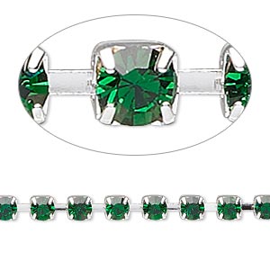 Cupchain, glass rhinestone and silver-plated brass, emerald green, 4mm round. Sold per pkg of 1 meter, approximately 160 cups.
