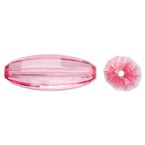 Bead, acrylic, pink, 33x12mm faceted long oval. Sold per 100-gram pkg, approximately 30 beads.