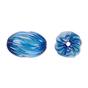 Bead, acrylic, blue, 20x13mm fluted oval. Sold per 100-gram pkg, approximately 50 beads.
