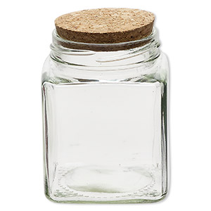 Bottle, glass and cork, clear, 2-3/4x3-1/2 inch square with cork stopper and 2-inch opening. Sold individually.
