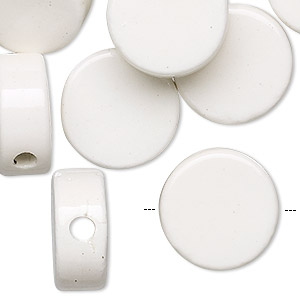 Bead, porcelain, white, 16mm flat round 