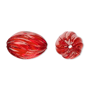 Bead, acrylic, red, 20x13mm fluted oval. Sold per 100-gram pkg, approximately 50 beads.