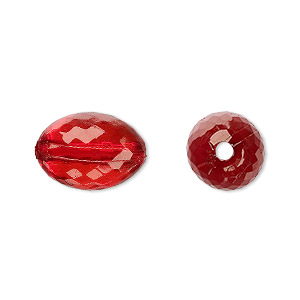 Bead, acrylic, red, 16x11mm faceted oval. Sold per 100-gram pkg, approximately 80 beads.