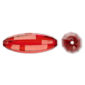 Bead, acrylic, red, 33x12mm faceted long oval. Sold per 100-gram pkg, approximately 30 beads.