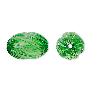 Bead, acrylic, green, 20x13mm fluted oval. Sold per 100-gram pkg, approximately 50 beads.