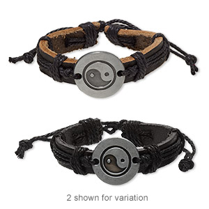 Bracelet, leather (dyed) / waxed cotton cord / antiqued &quot;pewter&quot; (zinc-based alloy), black, 13mm wide with 25mm round and yin-yang design, adjustable from 6 to 8-1/2 inches with wrapped knot closure. Sold per pkg of 2.