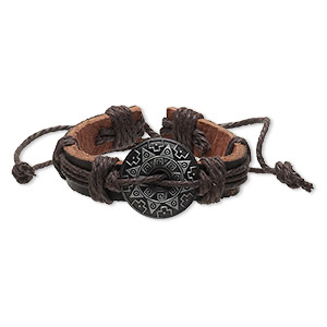 Bracelet, leather (dyed) / waxed cotton cord / antiqued &quot;pewter&quot; (zinc-based alloy), brown and black, 12mm wide with 25mm round donut with Southwest design, adjustable from 5-1/2 to 8 inches with knot closure. Sold per pkg of 2.