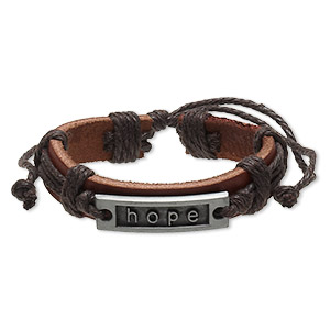 Bracelet, leather (dyed) / waxed cotton cord / antiqued &quot;pewter&quot; (zinc-based alloy), brown, 12mm wide with 35x10mm rectangle and &quot;hope,&quot; adjustable from 6 to 10-1/2 inches with slip knot closure. Sold per pkg of 2.