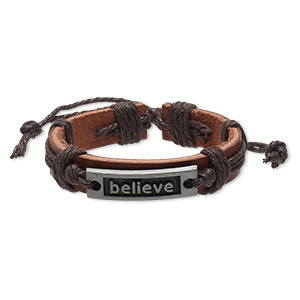 Bracelet, leather (dyed) / waxed cotton cord / antiqued &quot;pewter&quot; (zinc-based alloy),  brown, 12mm wide with 36x10mm rectangle with &quot;believe,&quot; adjustable from 6 to 8-1/2 inches with knot closure. Sold per pkg of 2.