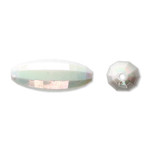 Bead, acrylic, white AB, 33x12mm faceted long oval. Sold per 100-gram pkg, approximately 30 beads.