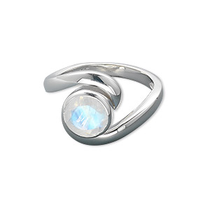 Ring, rainbow moonstone (natural) and sterling silver, 8mm faceted round, size 7. Sold individually.