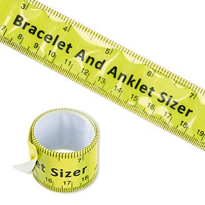 Bracelet and anklet sizer, slap-on, steel and plastic, yellow / black / white, 11x1 inch, measures up to 10 inches (250mm). Sold individually.
