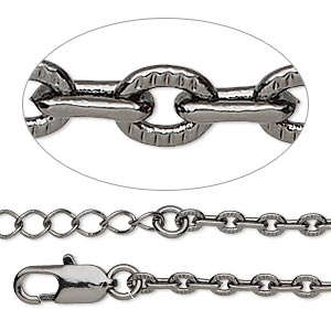Chain, gunmetal-plated brass, 3mm textured cable, 7-1/2 inches with 3-inch extender chain and lobster claw clasp. Sold per pkg of 2.