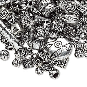Bead mix, antiqued silver-finished plastic, 6.5x2mm-25x19.5mm mixed shape. Sold per 250-gram pkg, approximately 1,200 to 1,500 beads.