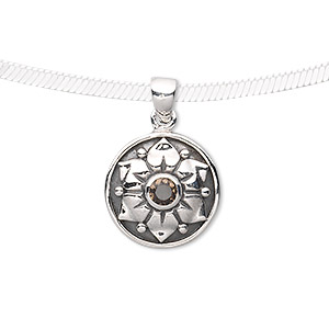 Pendant, Create Compliments&reg;. smoky quartz (heated / irradiated) and antiqued sterling silver, 26x17mm fancy flat round with 5mm round. Sold individually.