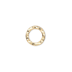 Component, gold-plated steel, 12mm double-sided hammered flat open round. Sold per pkg of 12.