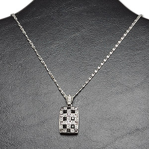 Necklace, imitation rhodium-finished &quot;pewter&quot; (zinc-based alloy) / steel / glass, clear / black / grey, 34x21mm single-sided rectangle with enamel and rhinestone accents, 22-inch flat chain with 2-inch extender chain and lobster claw clasp. Sold individually.