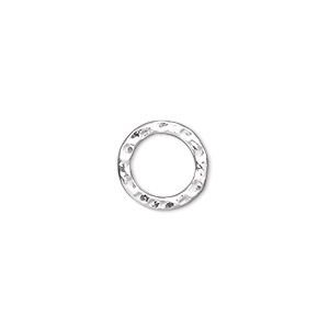 Component, silver-plated steel, 12mm double-sided hammered open round. Sold per pkg of 12.
