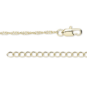 Chain, gold-finished brass, 2mm Singapore, 18 inches with 1-inch extender chain and lobster claw clasp . Sold individually.