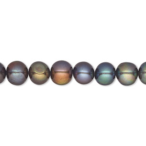 Pearl, cultured freshwater (dyed), dark peacock, 5-6mm semi-round, D grade, Mohs hardness 2-1/2 to 4. Sold per 14-inch strand.