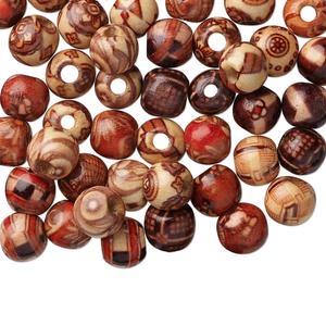 Bead mix, wood (coated), multicolored, 10mm hand-cut round with painted pattern. Sold per pkg of 100.