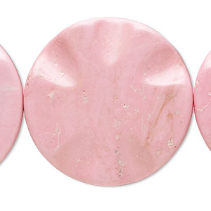 Bead, magnesite (dyed / stabilized), pink, 35mm wavy flat round, C grade, Mohs hardness 3-1/2 to 4. Sold per 15-inch strand.