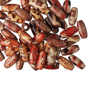 Bead mix, wood (coated), multicolored, 15x7mm hand-cut oval with painted pattern. Sold per pkg of 100.