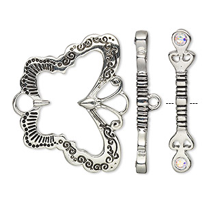 Clasp, toggle, glass rhinestone and antique silver-plated &quot;pewter&quot; (zinc-based alloy), crystal AB, 29x21mm butterfly with bottom loop. Sold individually.