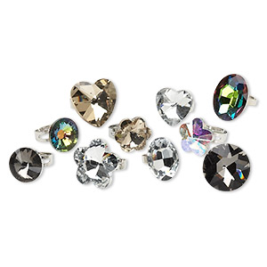 Ring mix, imitation rhodium-finished steel / glass / acrylic, multicolored, mixed size and shape, adjustable. Sold per pkg of 10.