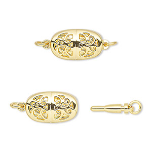Clasp, bullet, gold-plated brass, 14x8mm puffed oval with cutouts. Sold ...