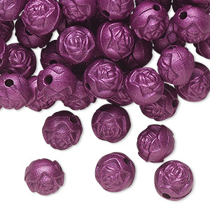 Bead, acrylic, opaque dark purple, 8mm round rose. Sold per pkg of 100.