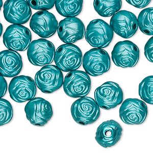 Bead, acrylic, opaque teal blue, 8mm round rose. Sold per pkg of 100.