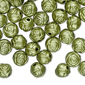 Bead, acrylic, green, 8mm round rose. Sold per pkg of 100.