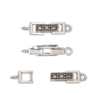Clasp, fold-over, marcasite (natural) and antiqued sterling silver, 17x6mm rectangle. Sold individually.
