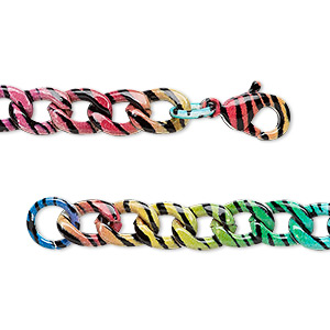 Chain, painted steel, rainbow, 8.2x6.2mm curb with zebra print pattern, 18 inches with lobster claw clasp. Sold individually.