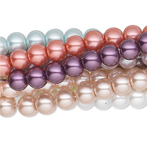 Bead, glass pearl, assorted colors, 6mm round. Sold per pkg of (10) 30-inch strands.