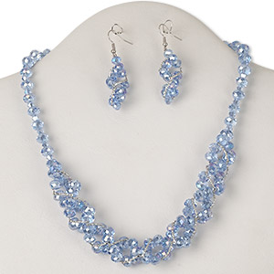Necklace and earring set, glass with silver-plated brass and steel, blue AB, 18 inches with 2-inch extender chain and lobster claw clasp, 59x12mm earring with fishhook ear wire. Sold per set.