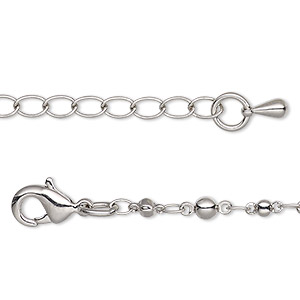 Chain, imitation rhodium-plated brass, 3.5mm beaded round, 7-1/2 inches with 2-1/2 inch extender chain and lobster claw clasp. Sold individually.