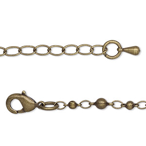 Chain, antique brass-plated brass, 3.5mm beaded round, 7-1/2 inches with 2-inch extender chain and lobster claw clasp. Sold individually.