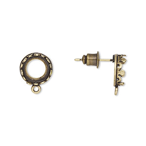Earstud, JBB Findings, antique brass-plated brass, 10mm round with open back and SS39 rivoli bezel setting. Sold per pair.