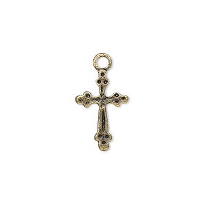 Drop, antique brass-plated &quot;pewter&quot; (zinc-based alloy), 17x11mm cross. Sold per pkg of 10.