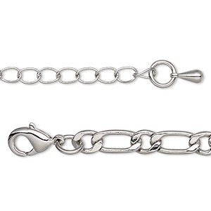 Chain, imitation rhodium-plated brass, 5mm long and short flat oval, 7-1/2 inches with 2-1/2 inch extender chain and lobster claw clasp. Sold individually.