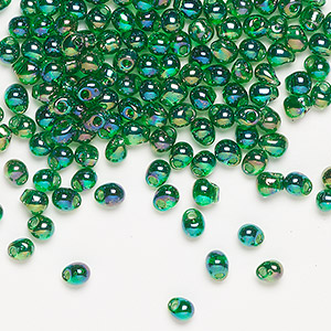 Seed bead, Miyuki, glass, transparent rainbow green, (DP179), 4x3.4mm fringe. Sold per 10-gram pkg.