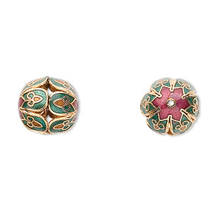 Bead, cloisonn&#233;, enamel and gold-finished copper, green / tan / red, 16mm round with cutouts and fancy flower design. Sold per pkg of 4.